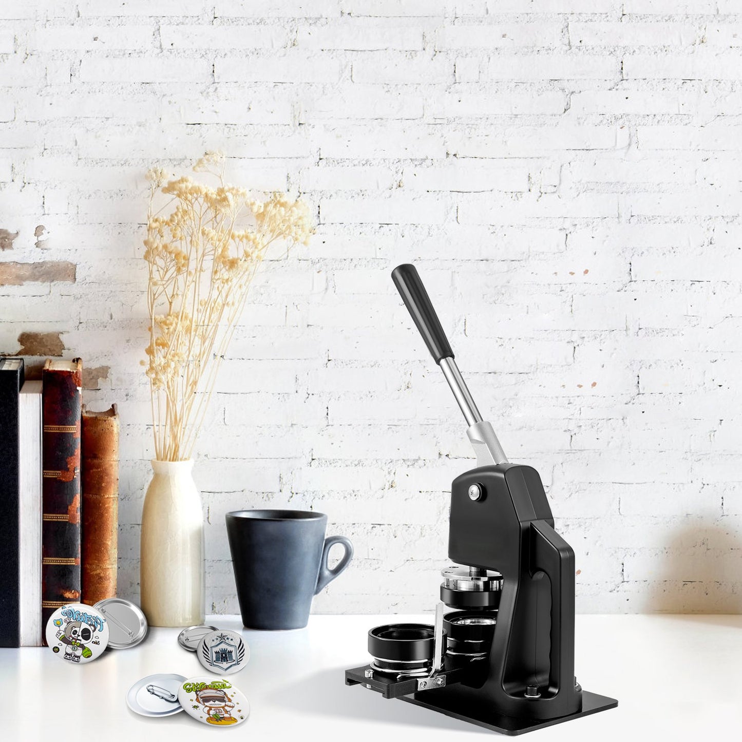 Knappmaskin, flera storlekar 1+2,25 tums stanspress för märkesmärken, barn DIY-presenter, knapptillverkningstillbehör med 500 st knappdelar och cirkelskärare och magisk bok