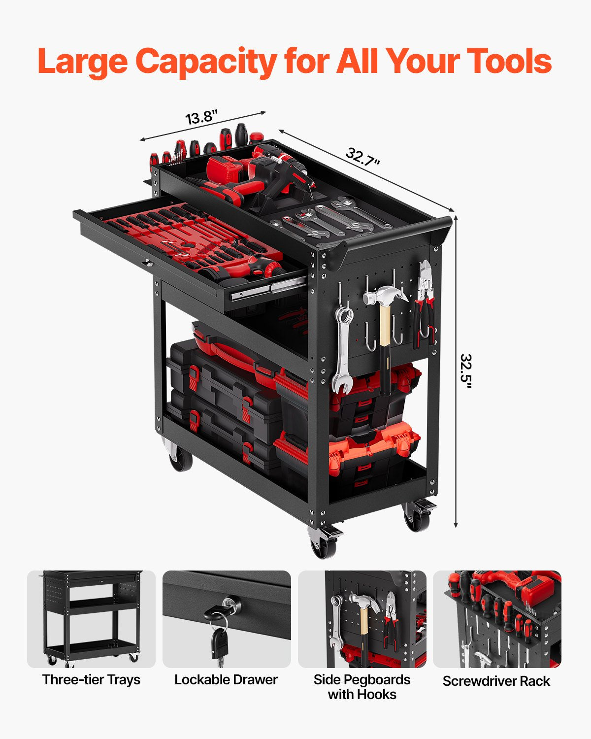 4-Tier Tool Cart with Wheels, 350 lbs Load Capacity, Rolling Work Cart with Drawer & Pegboard, Mechanic Tool Storage Organizer with Locking System for Garage, Warehouse and Repair Shop, Black
