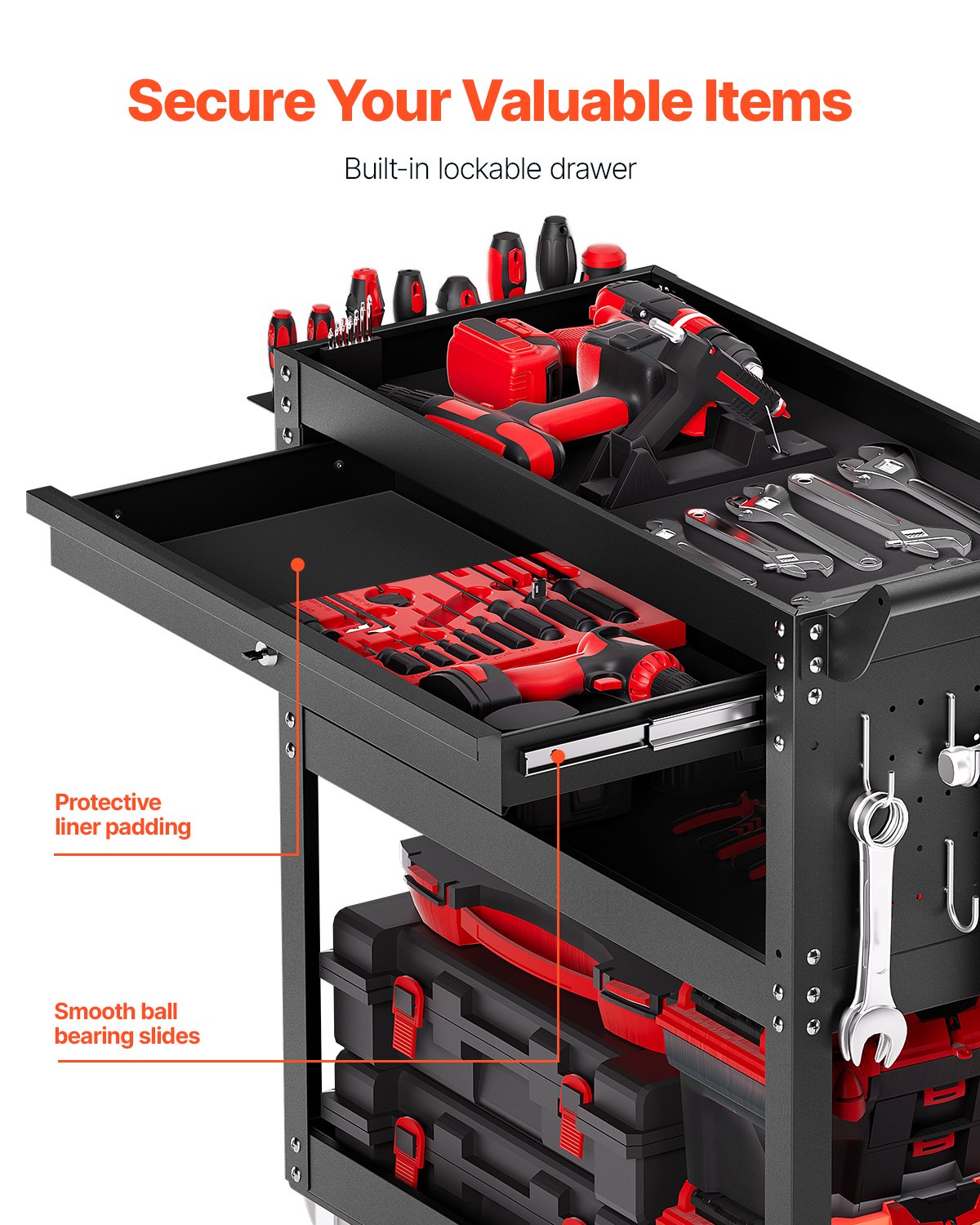 4-Tier Tool Cart with Wheels, 350 lbs Load Capacity, Rolling Work Cart with Drawer & Pegboard, Mechanic Tool Storage Organizer with Locking System for Garage, Warehouse and Repair Shop, Black