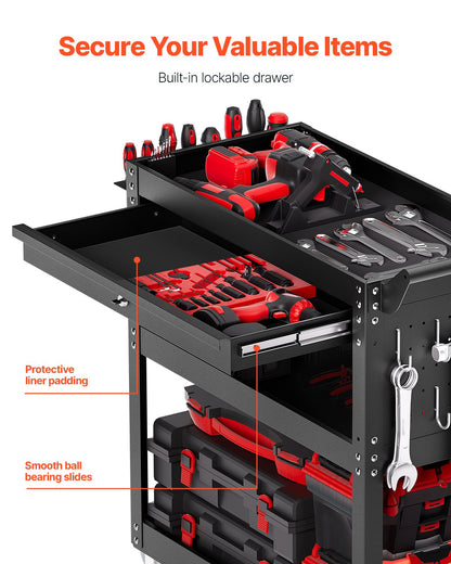 4-Tier Tool Cart with Wheels, 350 lbs Load Capacity, Rolling Work Cart with Drawer & Pegboard, Mechanic Tool Storage Organizer with Locking System for Garage, Warehouse and Repair Shop, Black