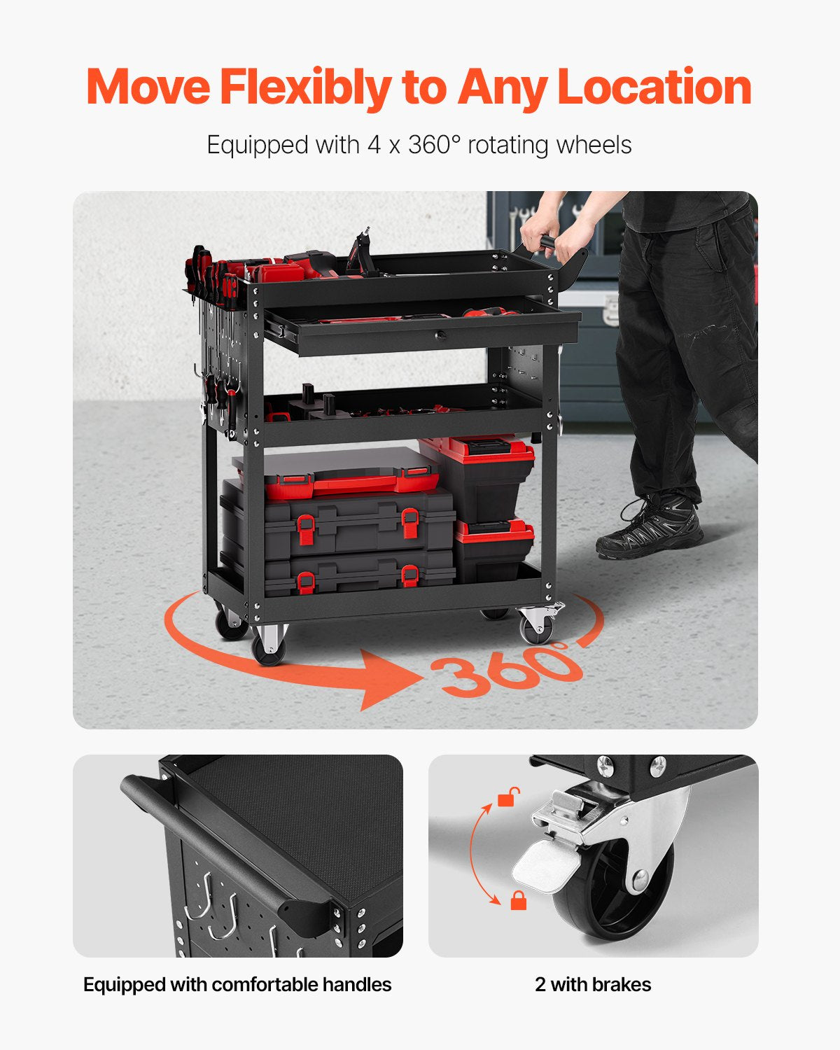4-Tier Tool Cart with Wheels, 350 lbs Load Capacity, Rolling Work Cart with Drawer & Pegboard, Mechanic Tool Storage Organizer with Locking System for Garage, Warehouse and Repair Shop, Black