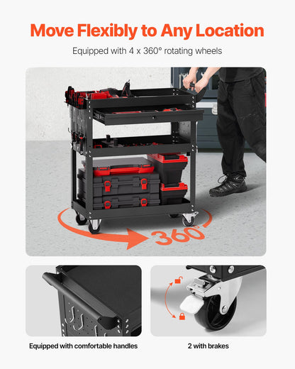4-Tier Tool Cart with Wheels, 350 lbs Load Capacity, Rolling Work Cart with Drawer & Pegboard, Mechanic Tool Storage Organizer with Locking System for Garage, Warehouse and Repair Shop, Black