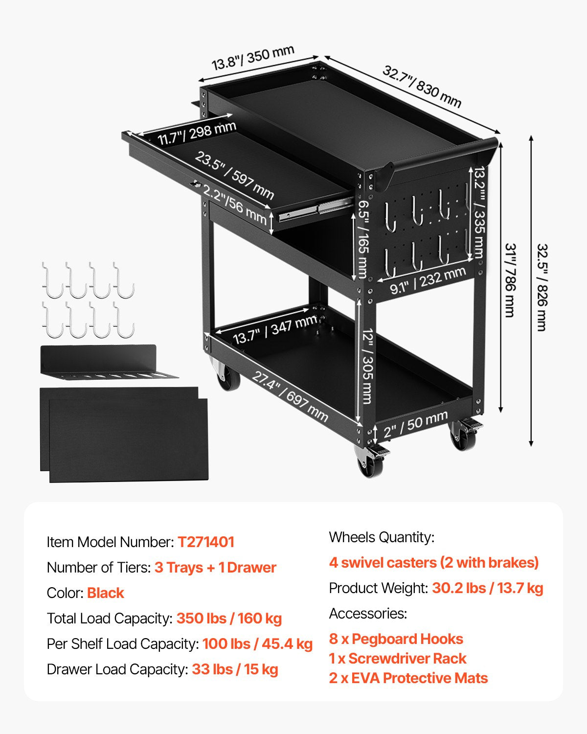 4-Tier Tool Cart with Wheels, 350 lbs Load Capacity, Rolling Work Cart with Drawer & Pegboard, Mechanic Tool Storage Organizer with Locking System for Garage, Warehouse and Repair Shop, Black