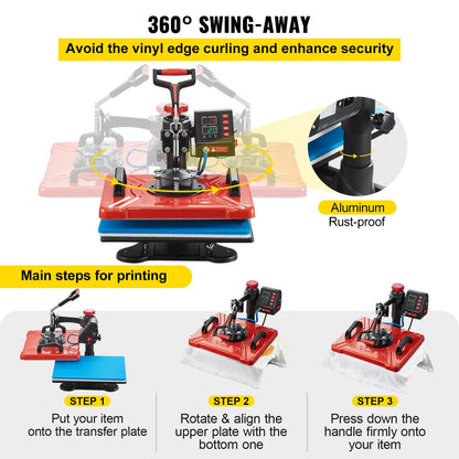 Värmepress 30,5x38,1 cm 10-i-1 värmepress 1000W värmepressmaskin med 360° rotation, svängbar röd värmepress, T-shirt sublimeringsmaskin, dubbelrörsvärme för gör-det-själv-pennor, kepsar, muggar och skjortor