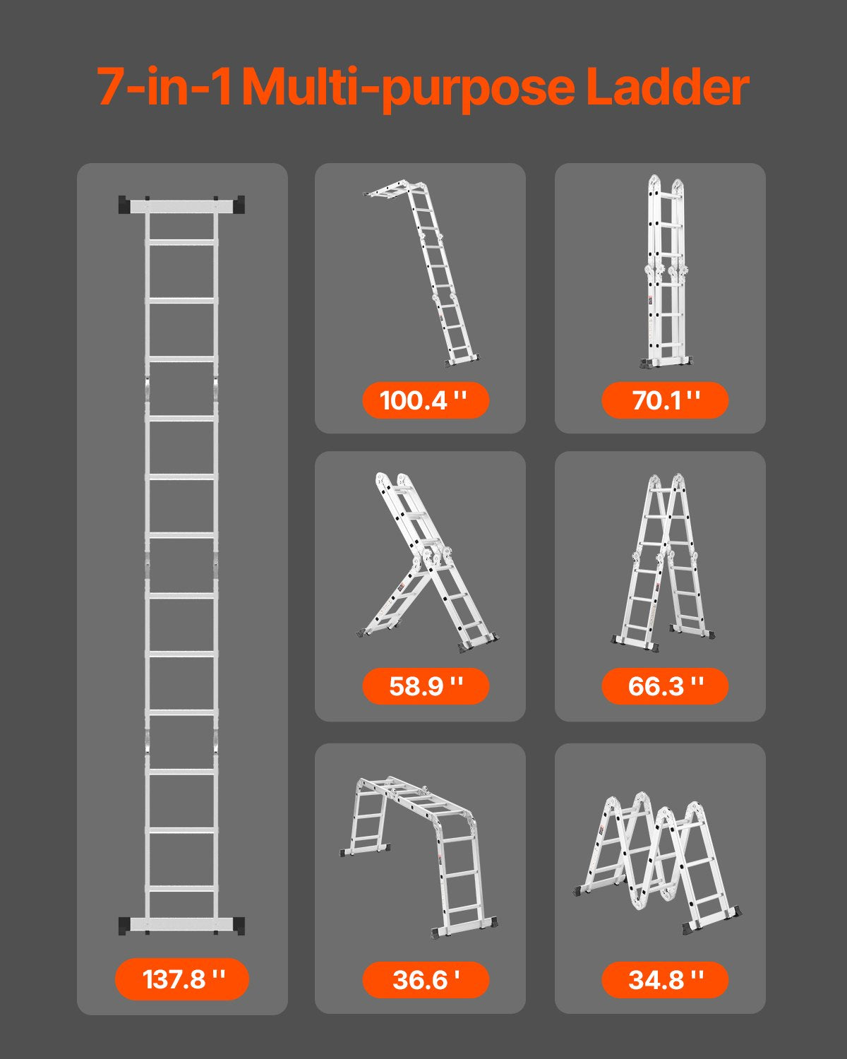Multi-Purpose Folding Ladder, 7-in-1 Tall Step Ladder, A Frame 3 Step Adjustable Telescoping Ladder, 12ft Reach Height Heavy Duty Extension Ladder, 330 lbs Capacity for Household Outdoor Work
