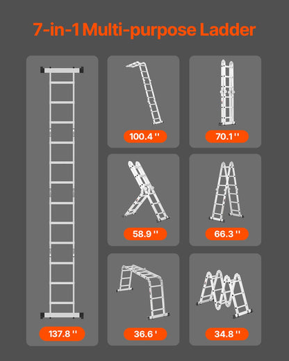 Multi-Purpose Folding Ladder, 7-in-1 Tall Step Ladder, A Frame 3 Step Adjustable Telescoping Ladder, 12ft Reach Height Heavy Duty Extension Ladder, 330 lbs Capacity for Household Outdoor Work