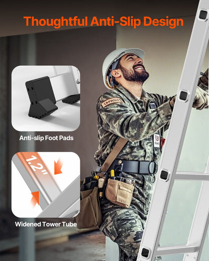 Multi-Purpose Folding Ladder, 7-in-1 Tall Step Ladder, A Frame 3 Step Adjustable Telescoping Ladder, 12ft Reach Height Heavy Duty Extension Ladder, 330 lbs Capacity for Household Outdoor Work