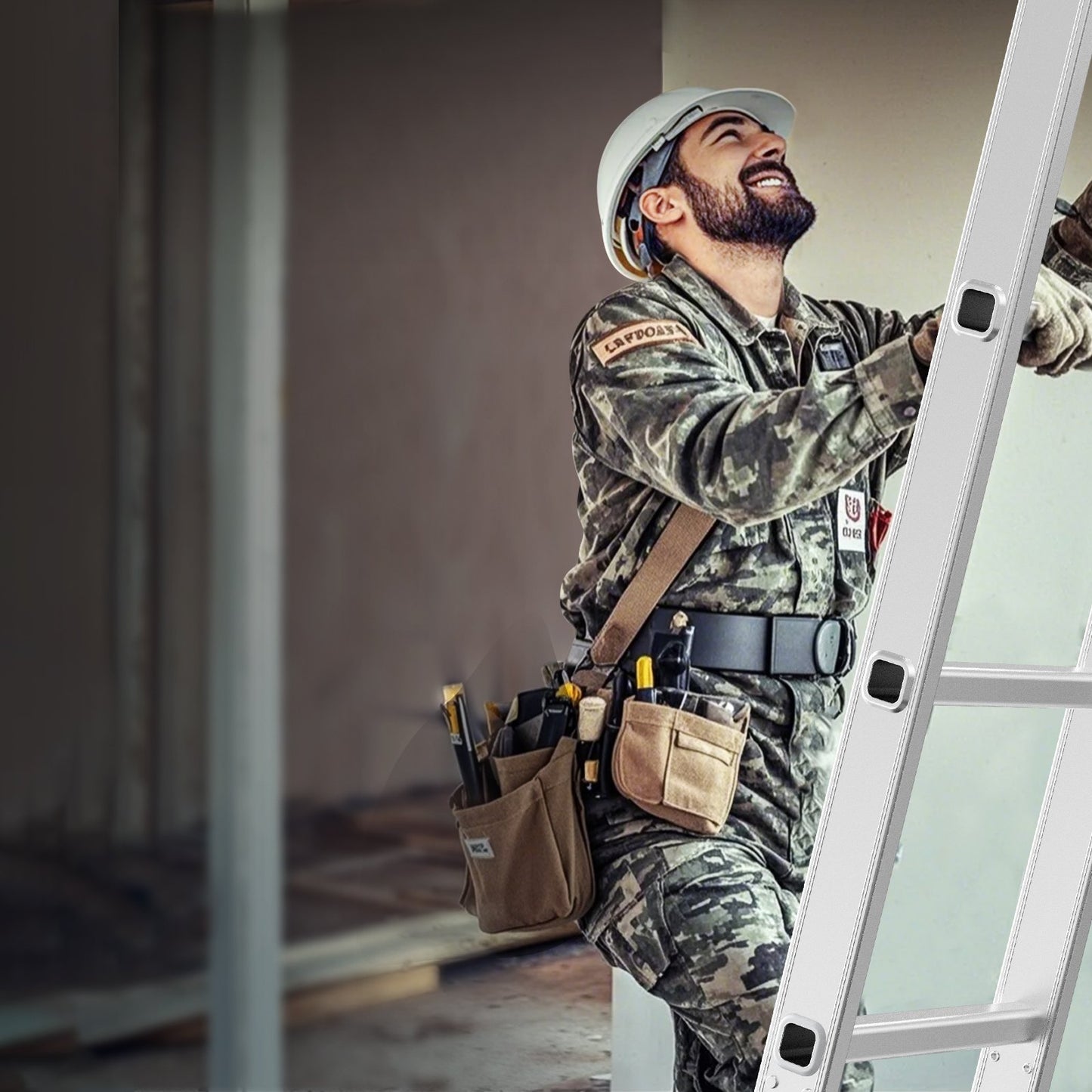 Multi-Purpose Folding Ladder, 7-in-1 Tall Step Ladder, A Frame 3 Step Adjustable Telescoping Ladder, 12ft Reach Height Heavy Duty Extension Ladder, 330 lbs Capacity for Household Outdoor Work