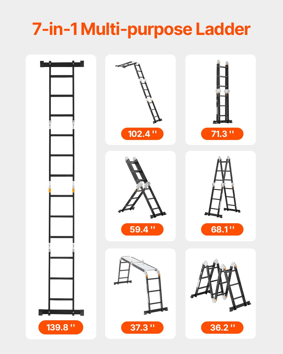 Multi-Purpose Folding Ladder, 7-in-1 Tall Extension Step Ladder, A Frame 3 Step with Scaffolding Plank Telescoping Ladder, 12ft Reach Height Heavy Duty Ladder, 330 lbs Capacity for Home Outdoor