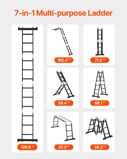 Multi-Purpose Folding Ladder, 7-in-1 Tall Extension Step Ladder, A Frame 3 Step with Scaffolding Plank Telescoping Ladder, 12ft Reach Height Heavy Duty Ladder, 330 lbs Capacity for Home Outdoor