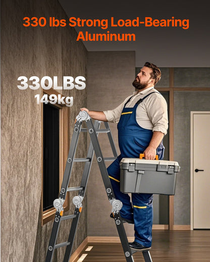 Multi-Purpose Folding Ladder, 7-in-1 Tall Extension Step Ladder, A Frame 3 Step with Scaffolding Plank Telescoping Ladder, 12ft Reach Height Heavy Duty Ladder, 330 lbs Capacity for Home Outdoor