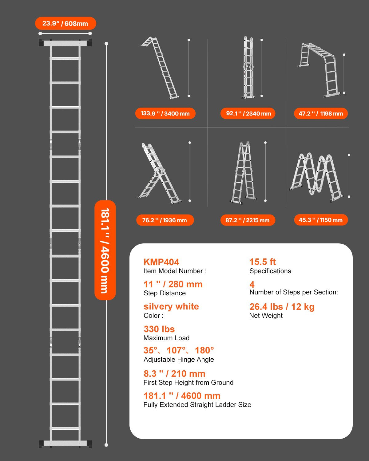Multi-Purpose Folding Ladder, 7-in-1 Tall Extension Step Ladder, A Frame 4 Step Telescoping Ladder, 15.5ft Reach Height Heavy Duty Adjustable Ladder, 330 lbs Capacity for Home Outdoor