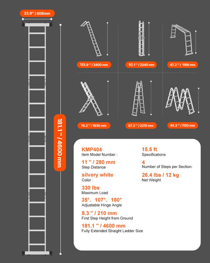 Multi-Purpose Folding Ladder, 7-in-1 Tall Extension Step Ladder, A Frame 4 Step Telescoping Ladder, 15.5ft Reach Height Heavy Duty Adjustable Ladder, 330 lbs Capacity for Home Outdoor