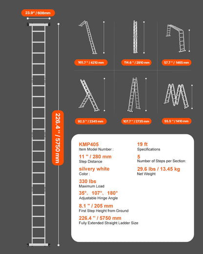 Multi-Purpose Folding Ladder, 7-in-1 Tall Extension Step Ladder, A Frame 5 Step Telescoping Ladder, 19ft Reach Height Heavy Duty Adjustable Ladder, 330 lbs Capacity for Home Outdoor Metal