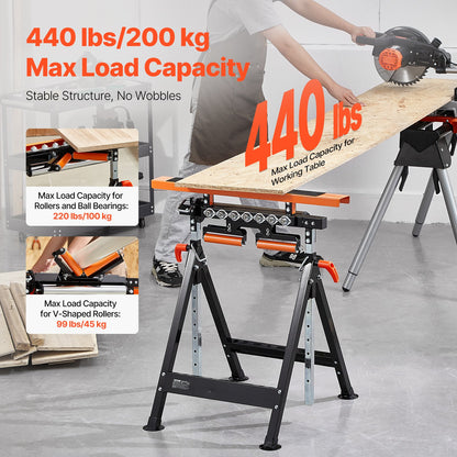 4-in-1 Roller Stand, 200 kg(440 lb) Load Capacity, 84-127 cm(33-50 in) Adjustable Height, Folding Heavy Duty with Rack & Polished Multi-directional Roller Head, for Table Saw Outfeed Woodworking Extension Support