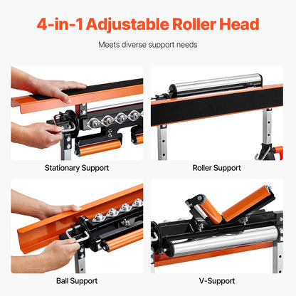 4-in-1 Roller Stand, 200 kg(440 lb) Load Capacity, 84-127 cm(33-50 in) Adjustable Height, Folding Heavy Duty with Rack & Polished Multi-directional Roller Head, for Table Saw Outfeed Woodworking Extension Support