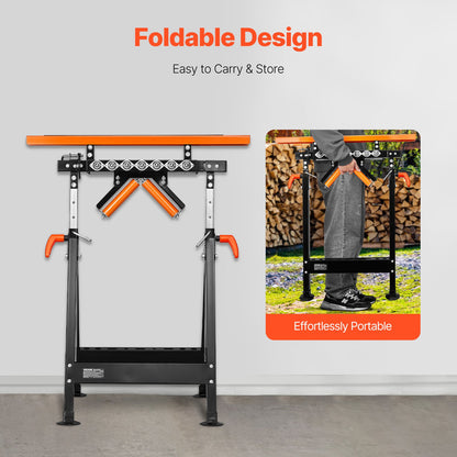 4-in-1 Roller Stand, 200 kg(440 lb) Load Capacity, 84-127 cm(33-50 in) Adjustable Height, Folding Heavy Duty with Rack & Polished Multi-directional Roller Head, for Table Saw Outfeed Woodworking Extension Support