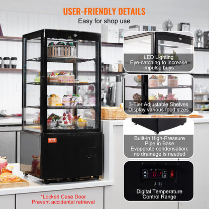 Refrigerated Display Case, 3 Cu.Ft/85L, 3-Tier, Countertop Pastry Display Case Commercial Display Refrigerator with LED Lighting, TURBO Cooling, Frost-Free Air-Cooling, Locked Door for Bakery