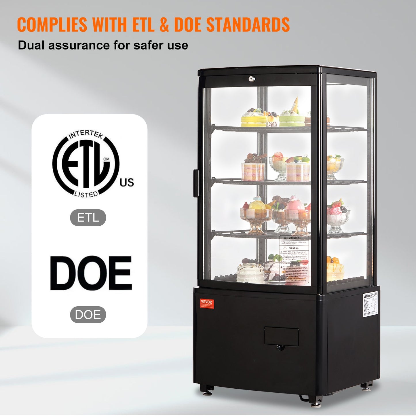 Refrigerated Display Case, 3 Cu.Ft/85L, 3-Tier, Countertop Pastry Display Case Commercial Display Refrigerator with LED Lighting, TURBO Cooling, Frost-Free Air-Cooling, Locked Door for Bakery