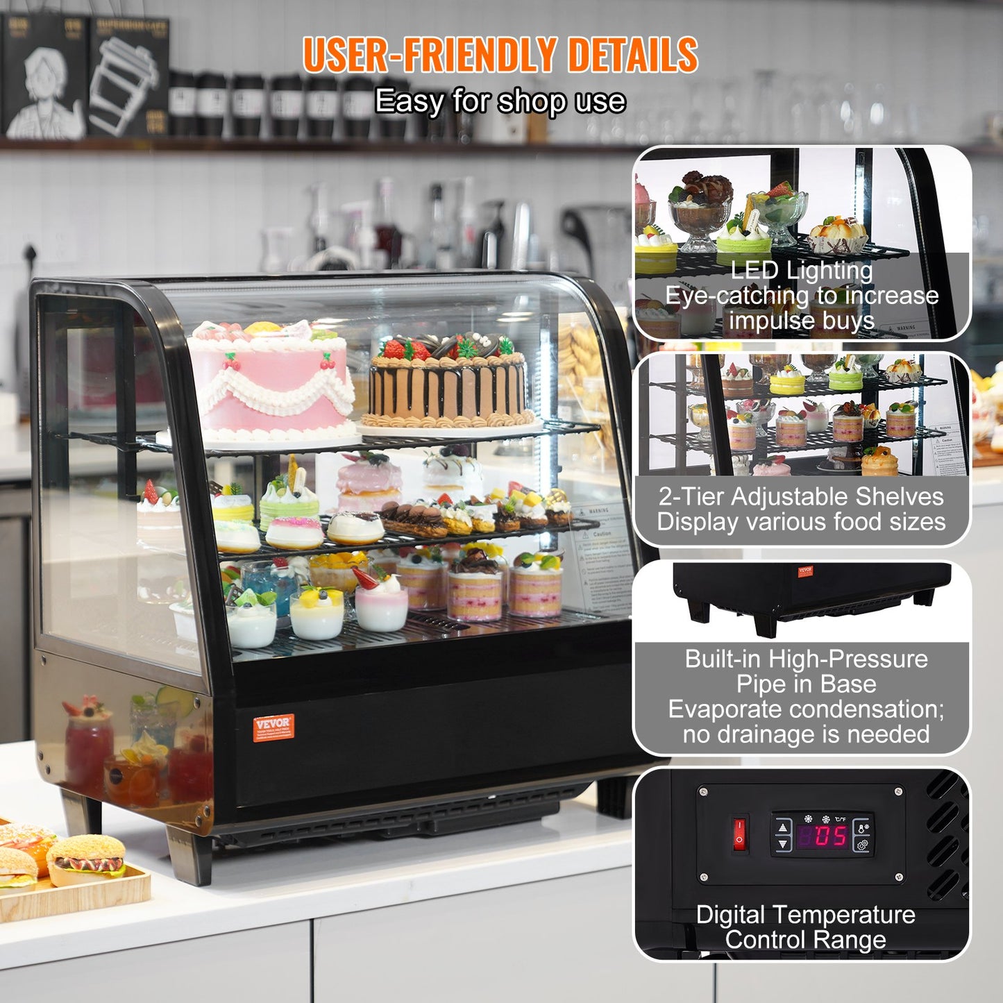 Refrigerated Display Case, 3.5 Cu.Ft/100L, Dual-Level, Countertop Cake Display Fridge with LED Illumination, Rapid Cooling System, No-Frost Ventilation, Slide-Access Back Door