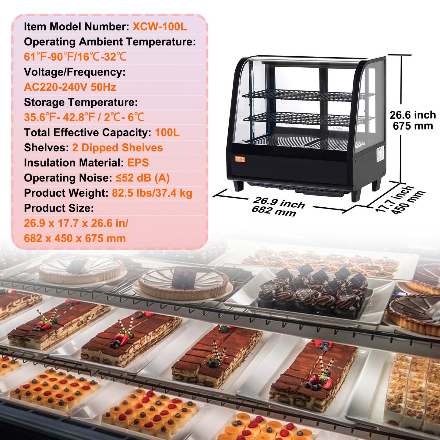 Refrigerated Display Case, 3.5 Cu.Ft/100L, Dual-Level, Countertop Cake Display Fridge with LED Illumination, Rapid Cooling System, No-Frost Ventilation, Slide-Access Back Door