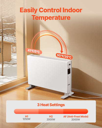 Convection Panel Heater, 2000W Electric Panel Space Heater with Remote & Touch Control, 3 Modes, 24H Timer, Stand or Wall Mount Design with Anti-Tipping & Overheat Protection for Home and Office