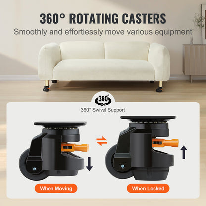 Leveling Casters, Set of 19141.6 kg Total Load Capacity, 6.3 cm, Heavy Duty with Upgraded Handle Design, 360 Degree Swivel Caster Wheels, Adjustable Casters with Feet for Workbench, Machine