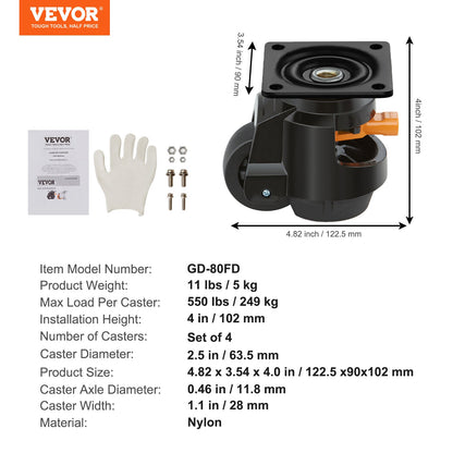 Leveling Casters, Set of 19141.6 kg Total Load Capacity, 6.3 cm, Heavy Duty with Upgraded Handle Design, 360 Degree Swivel Caster Wheels, Adjustable Casters with Feet for Workbench, Machine