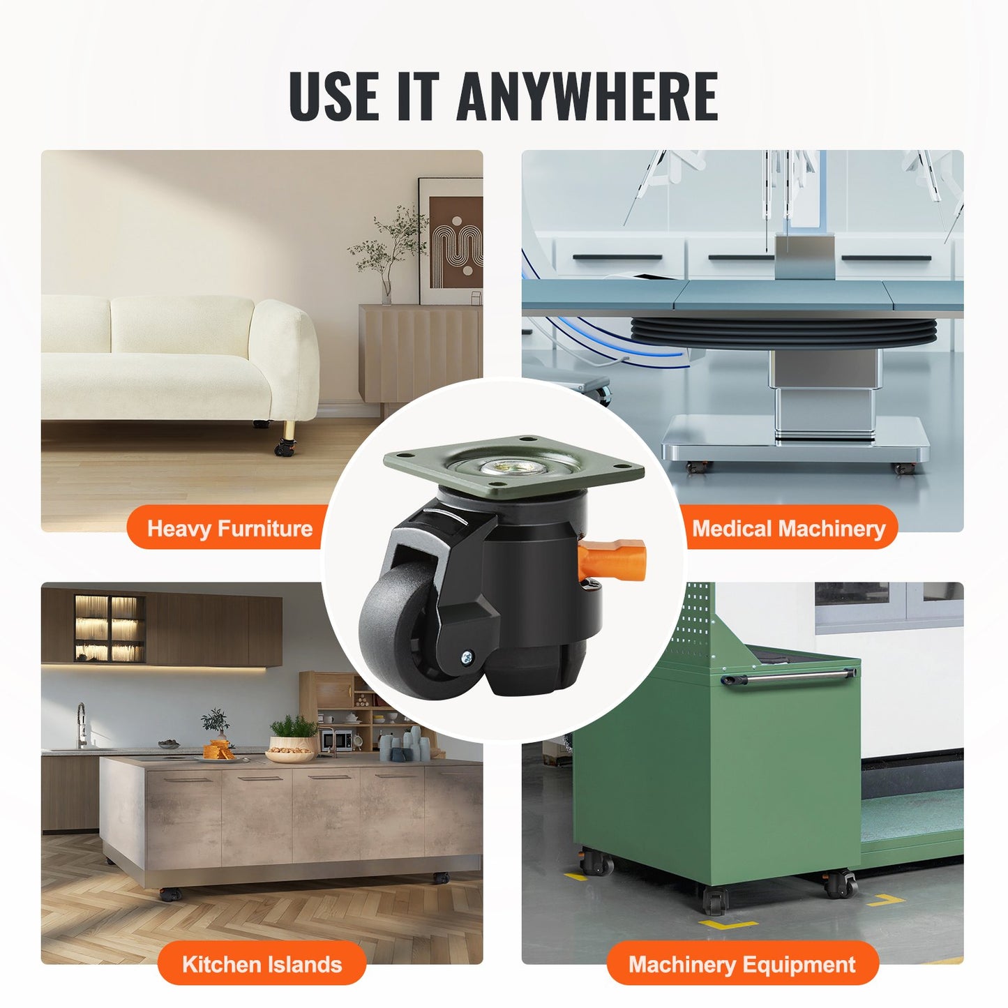 Leveling Casters, Set of 4, 499 kg Total Load Capacity, 5.1 cm, Heavy Duty with Upgraded Handle Design, 360 Degree Swivel Caster Wheels, Adjustable Casters with Feet for Workbench, Machine