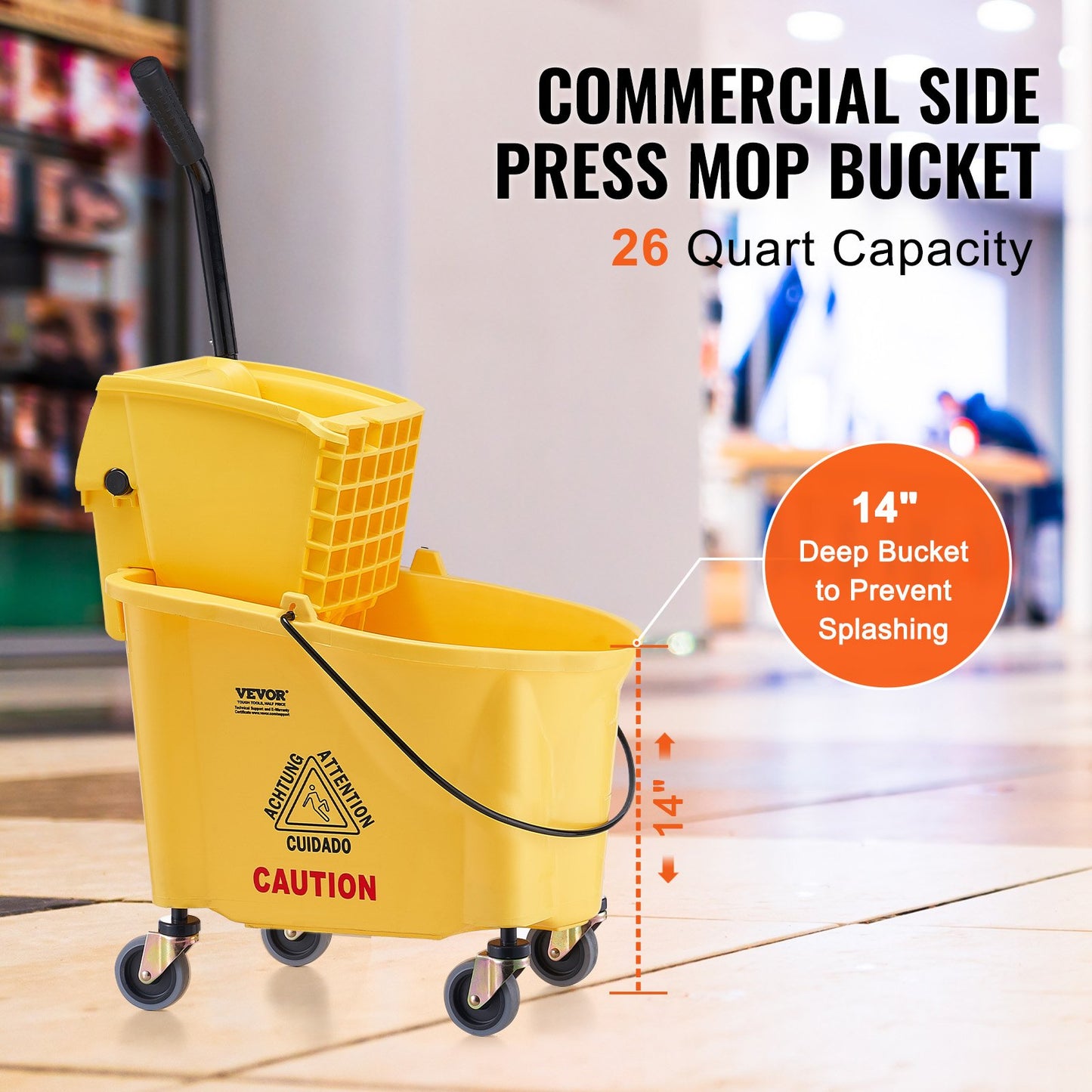 Mop Bucket with Wringer, 26 Qt. Commercial Mop Bucket with Side Press Wringer, Side-Press Mop Bucket and Wringer Combo on Wheels, for Professional/Industrial/Business Floor Cleaning, Yellow