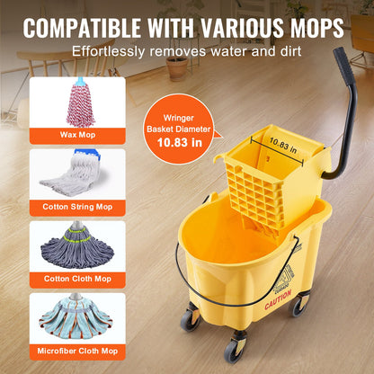 Mop Bucket with Wringer, 26 Qt. Commercial Mop Bucket with Side Press Wringer, Side-Press Mop Bucket and Wringer Combo on Wheels, for Professional/Industrial/Business Floor Cleaning, Yellow