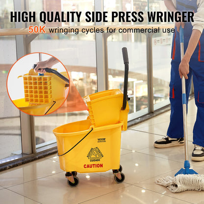 Mop Bucket with Wringer, 26 Qt. Commercial Mop Bucket with Side Press Wringer, Side-Press Mop Bucket and Wringer Combo on Wheels, for Professional/Industrial/Business Floor Cleaning, Yellow