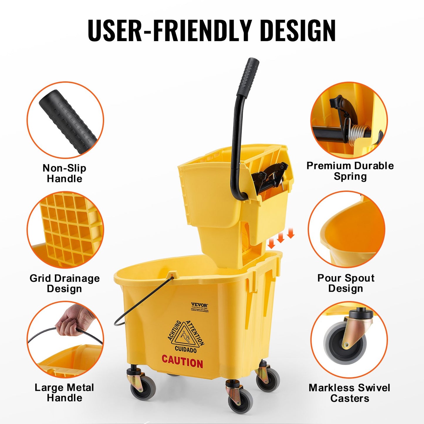 Mop Bucket with Wringer, 26 Qt. Commercial Mop Bucket with Side Press Wringer, Side-Press Mop Bucket and Wringer Combo on Wheels, for Professional/Industrial/Business Floor Cleaning, Yellow
