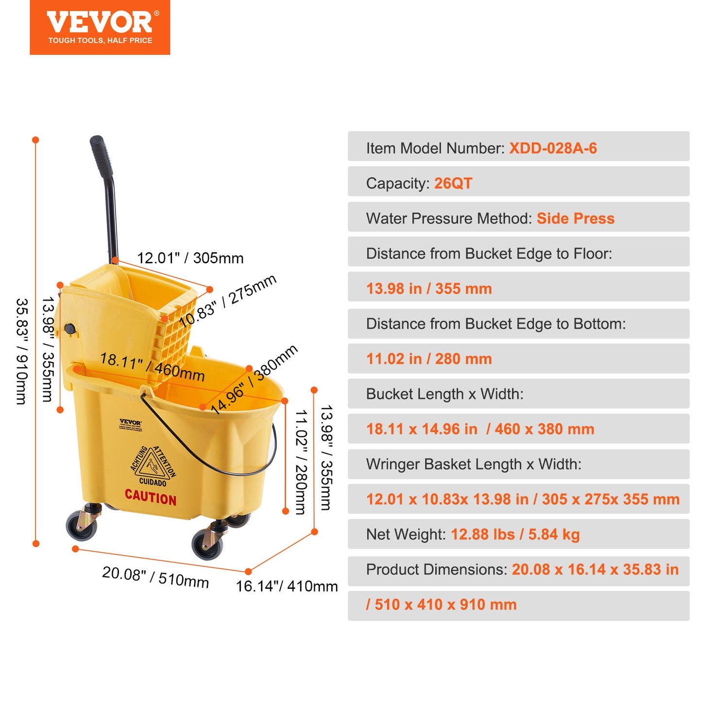 Mop Bucket with Wringer, 26 Qt. Commercial Mop Bucket with Side Press Wringer, Side-Press Mop Bucket and Wringer Combo on Wheels, for Professional/Industrial/Business Floor Cleaning, Yellow