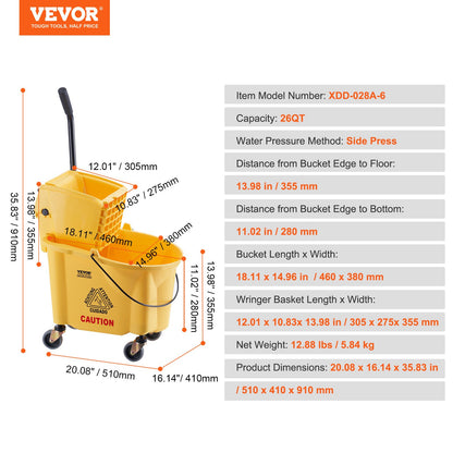 Mop Bucket with Wringer, 26 Qt. Commercial Mop Bucket with Side Press Wringer, Side-Press Mop Bucket and Wringer Combo on Wheels, for Professional/Industrial/Business Floor Cleaning, Yellow