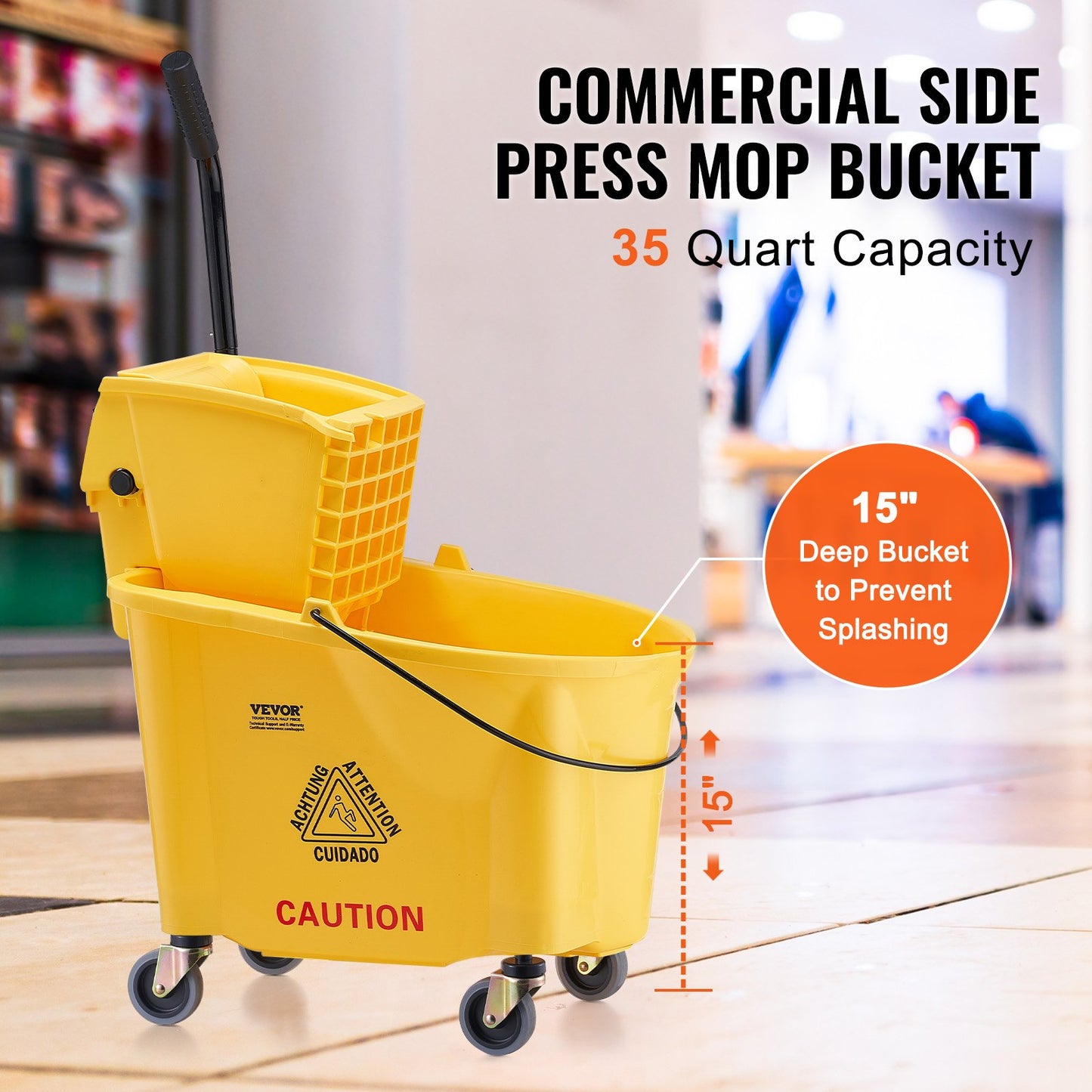 Mop Bucket with Wringer, 35 Qt. Commercial Mop Bucket with Side Press Wringer, Side-Press Mop Bucket and Wringer Combo on Wheels, for Professional/Industrial/Business Floor Cleaning, Yellow