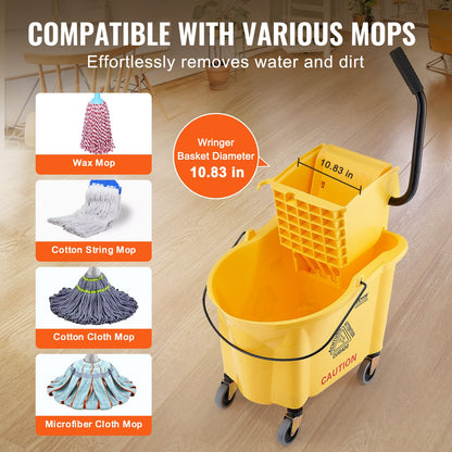 Mop Bucket with Wringer, 35 Qt. Commercial Mop Bucket with Side Press Wringer, Side-Press Mop Bucket and Wringer Combo on Wheels, for Professional/Industrial/Business Floor Cleaning, Yellow