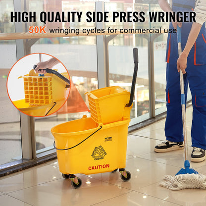 Mop Bucket with Wringer, 35 Qt. Commercial Mop Bucket with Side Press Wringer, Side-Press Mop Bucket and Wringer Combo on Wheels, for Professional/Industrial/Business Floor Cleaning, Yellow