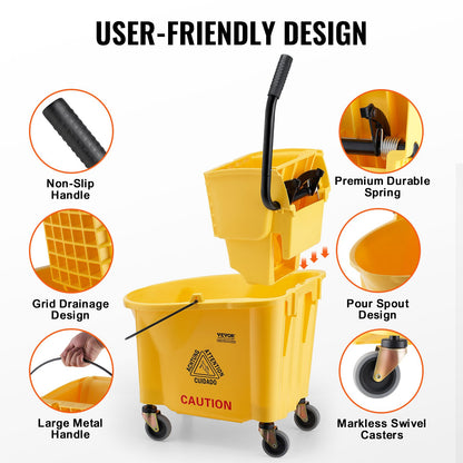 Mop Bucket with Wringer, 35 Qt. Commercial Mop Bucket with Side Press Wringer, Side-Press Mop Bucket and Wringer Combo on Wheels, for Professional/Industrial/Business Floor Cleaning, Yellow