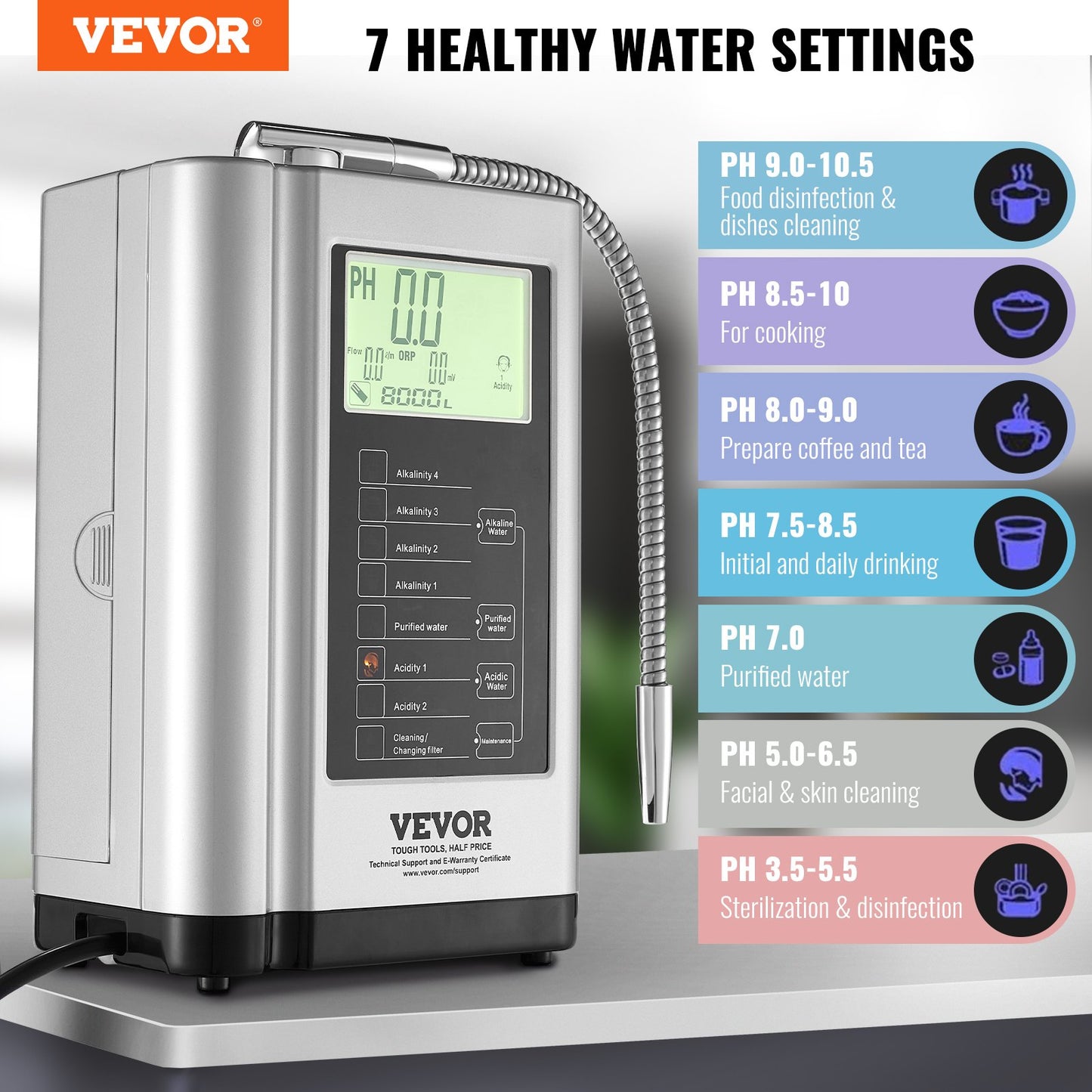 Alkaline Water Ionizer Machine, pH 3.5-10.5 Alkaline Acidic Hydrogen Water Purifier, 7 Water Settings Home Filtration System, Up to -550mV ORP, 8000L Per Filter, Auto-Cleaning, White