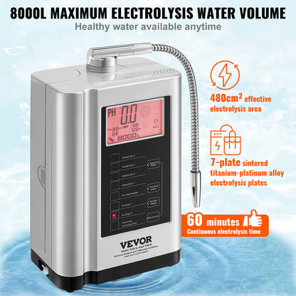 Alkaline Water Ionizer Machine, pH 3.5-10.5 Alkaline Acidic Hydrogen Water Purifier, 7 Water Settings Home Filtration System, Up to -650mV ORP, 8000L Per Filter, Auto-Cleaning, White