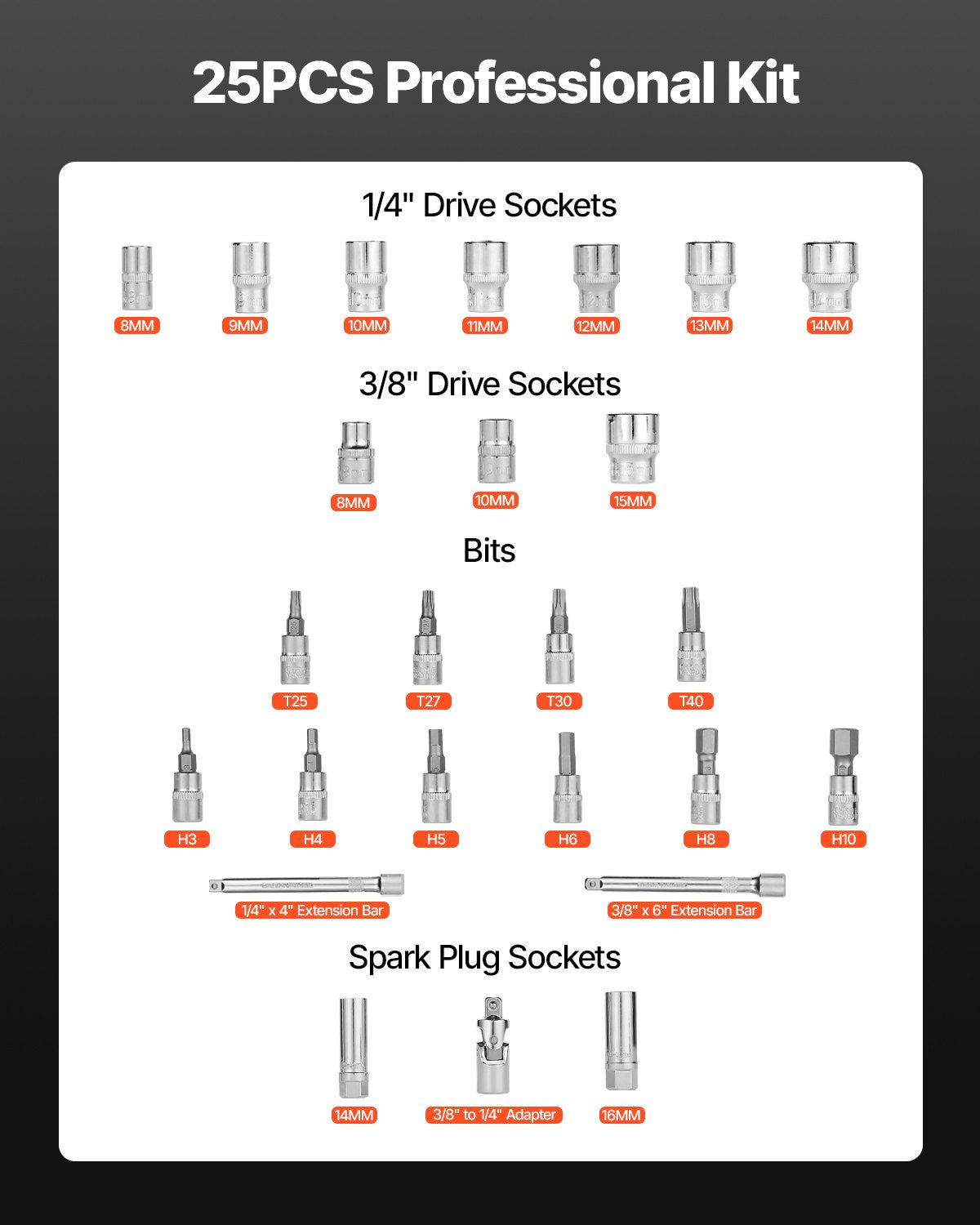 Click Torque Wrench Set, 3/8 Inch Drive, 5-60 N.m / 3.7-44.3 lbf.ft, Dual-direction, 72-Tooth, ±3% High Precision, with Sockets, Bits, Extension Bar, Spark Plug Sockets, Adapter, Orange