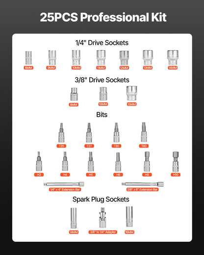 Click Torque Wrench Set, 3/8 Inch Drive, 5-60 N.m / 3.7-44.3 lbf.ft, Dual-direction, 72-Tooth, ±3% High Precision, with Sockets, Bits, Extension Bar, Spark Plug Sockets, Adapter, Orange
