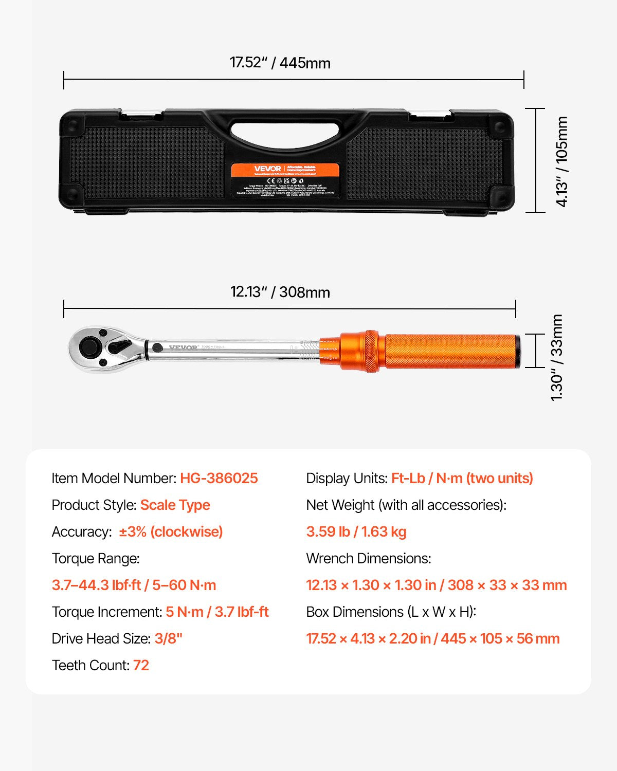 Click Torque Wrench Set, 3/8 Inch Drive, 5-60 N.m / 3.7-44.3 lbf.ft, Dual-direction, 72-Tooth, ±3% High Precision, with Sockets, Bits, Extension Bar, Spark Plug Sockets, Adapter, Orange
