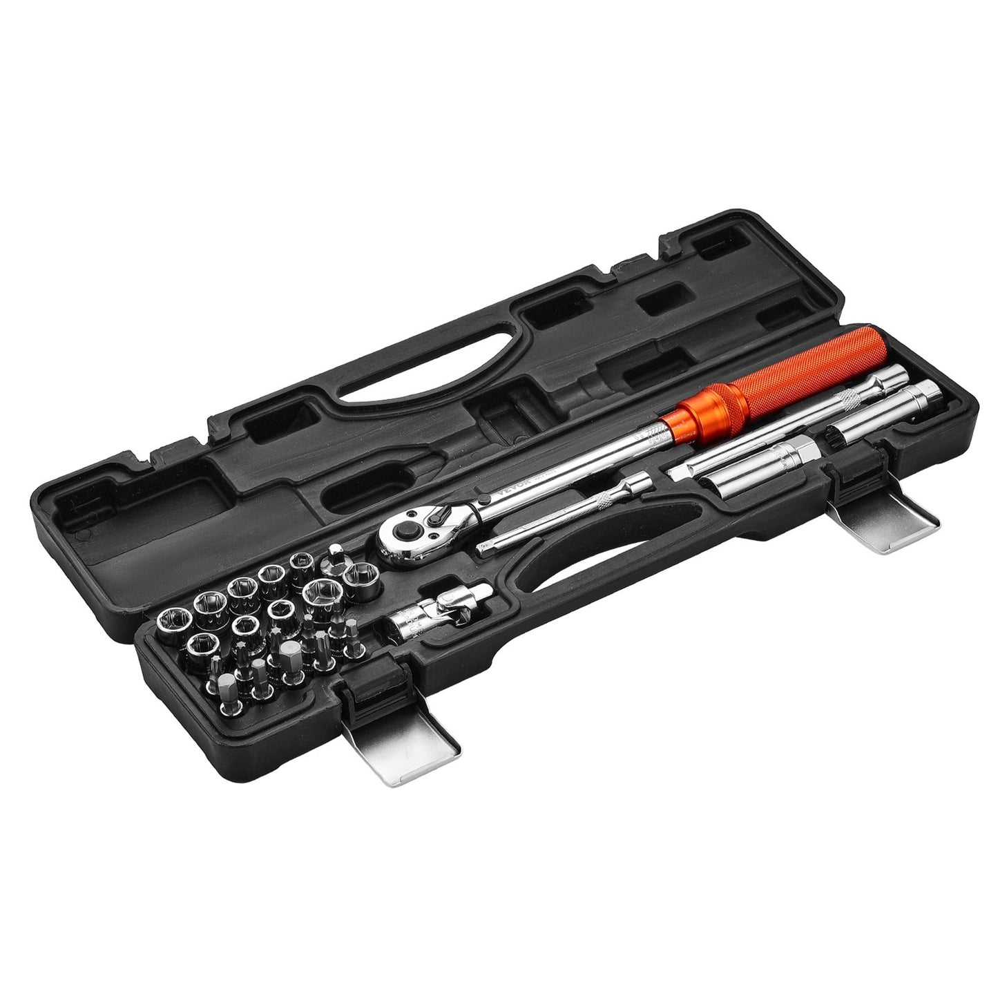 Click Torque Wrench Set, 3/8 Inch Drive, 5-60 N.m / 3.7-44.3 lbf.ft, Dual-direction, 72-Tooth, ±3% High Precision, with Sockets, Bits, Extension Bar, Spark Plug Sockets, Adapter, Orange