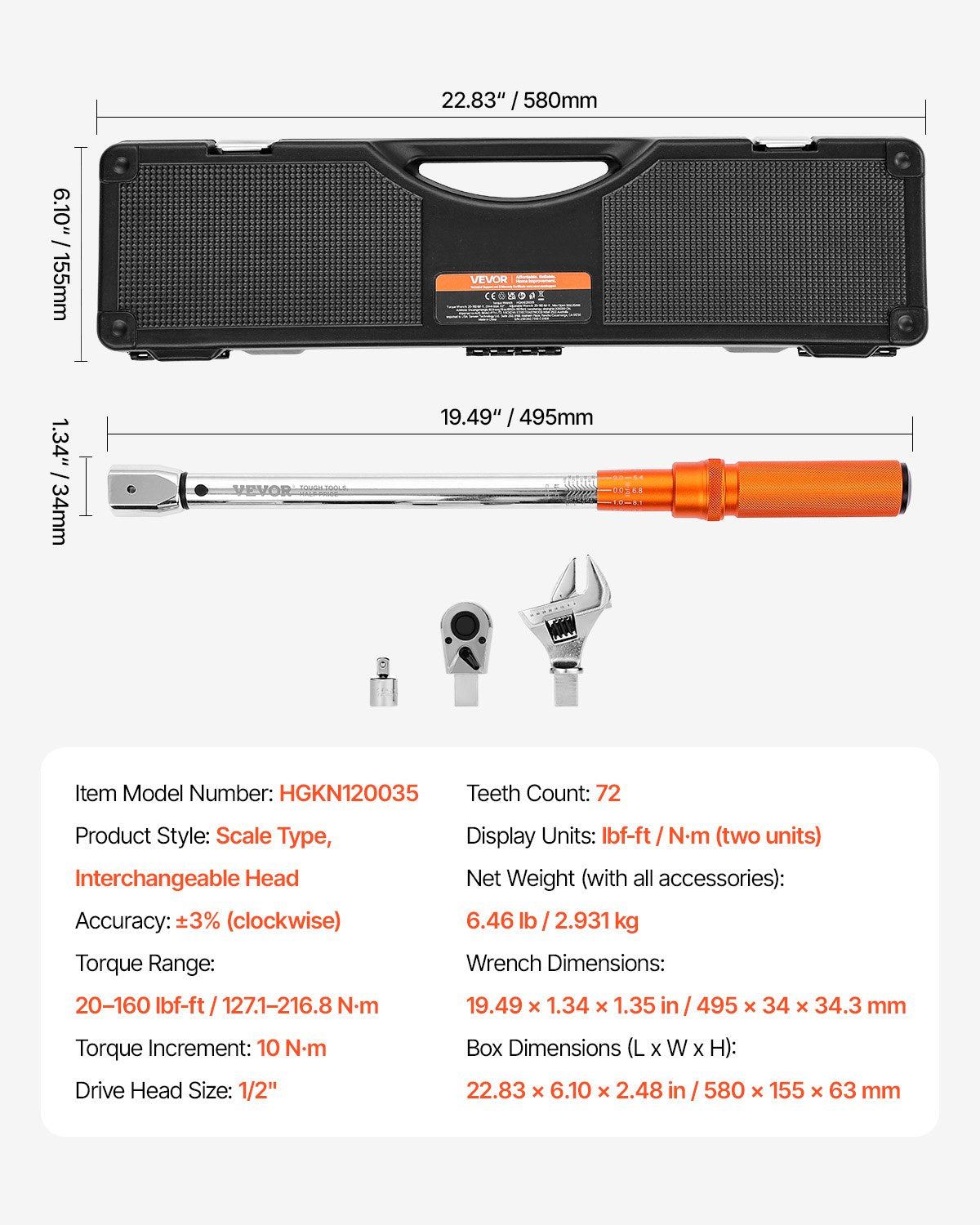 Adjustable Click Torque Wrench, 1/2 Inch Drive, 20-160 lbf-ft/27.1-216.8 N.m, Dual-direction and Dual Range Scales, 72-Tooth, ±2% Precision, with Adapter Interchangeable Jaw and Ratchet Head