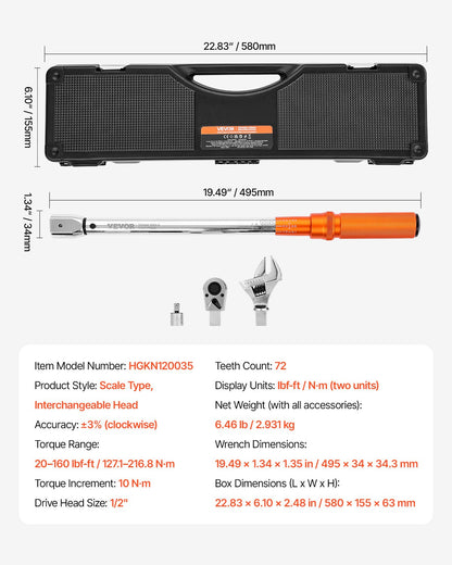 Adjustable Click Torque Wrench, 1/2 Inch Drive, 20-160 lbf-ft/27.1-216.8 N.m, Dual-direction and Dual Range Scales, 72-Tooth, ±2% Precision, with Adapter Interchangeable Jaw and Ratchet Head