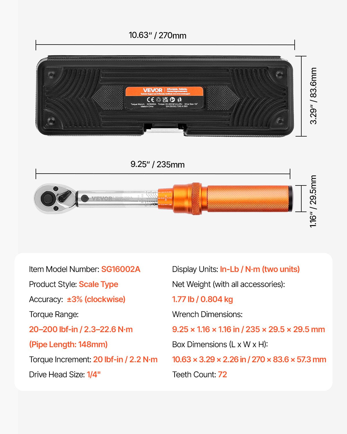 Click Torque Wrench Set, 1/4Inch Drive, 20-200lbf-in/2.3-22.6N.m, Dual-direction and Dual Range Scales, 72-Tooth, ±3% High Precision, with Bit Sockets, Extension Bar, for Bicycle Repair, Orange