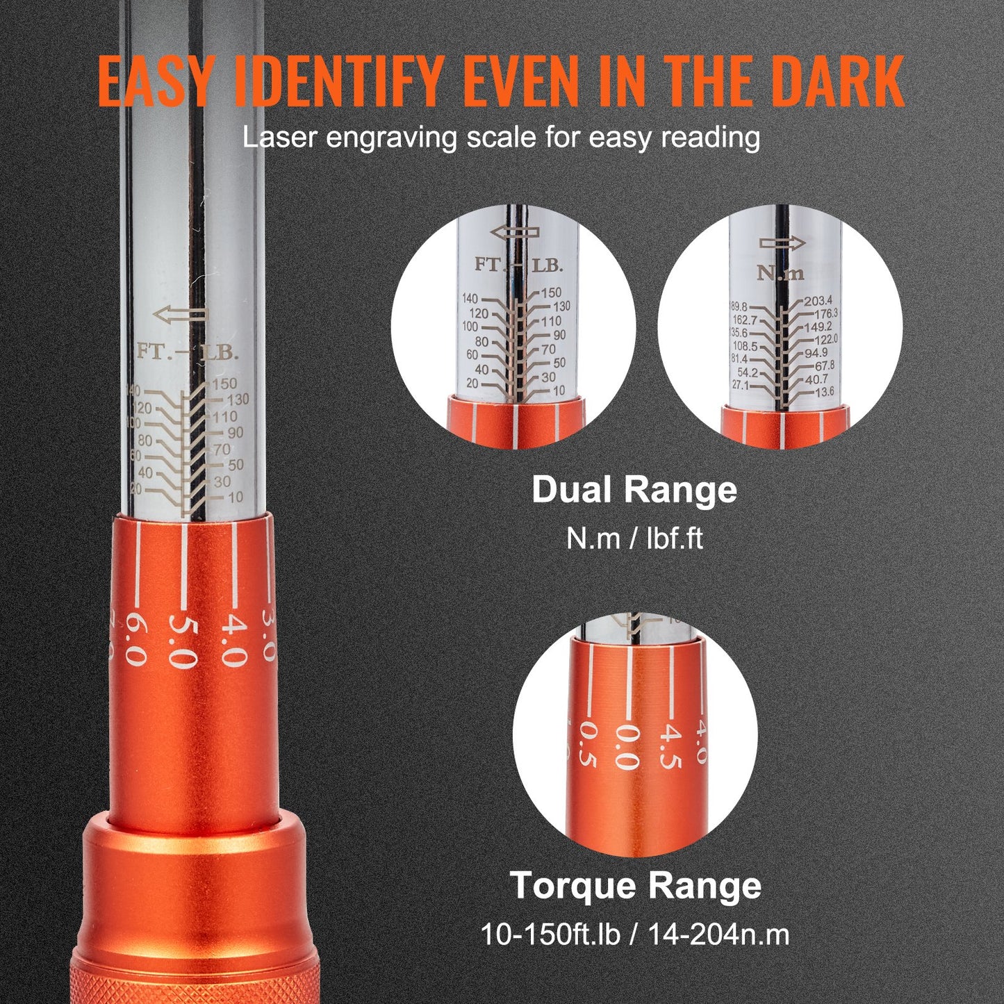 Momentnyckel, 1,3 cm Drive Click Momentnyckel 10-150ft.lb/14-204nm, Justerbar momentnyckelsats i två riktningar, Mekanisk momentnyckelsats med dubbla skalor och adaptrar, förlängningsstång