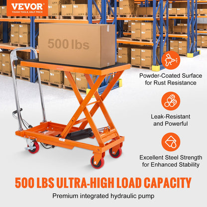 Hydraulic Lift Table Cart, 500lbs Capacity 28.5" Lifting Height, Manual Single Scissor Lift Table with 4 Wheels and Non-slip Pad, Hydraulic Scissor Cart for Material Handling, Orange
